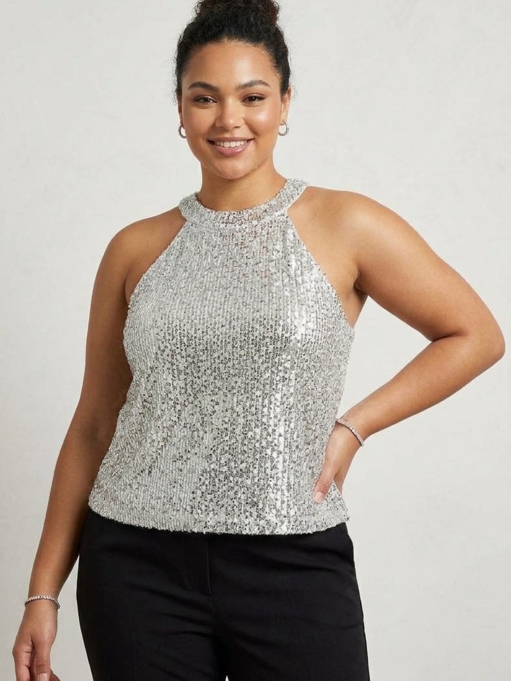 Cable & Gauge Glam Shimmer Silver Sequin Halter Top Size 2X
